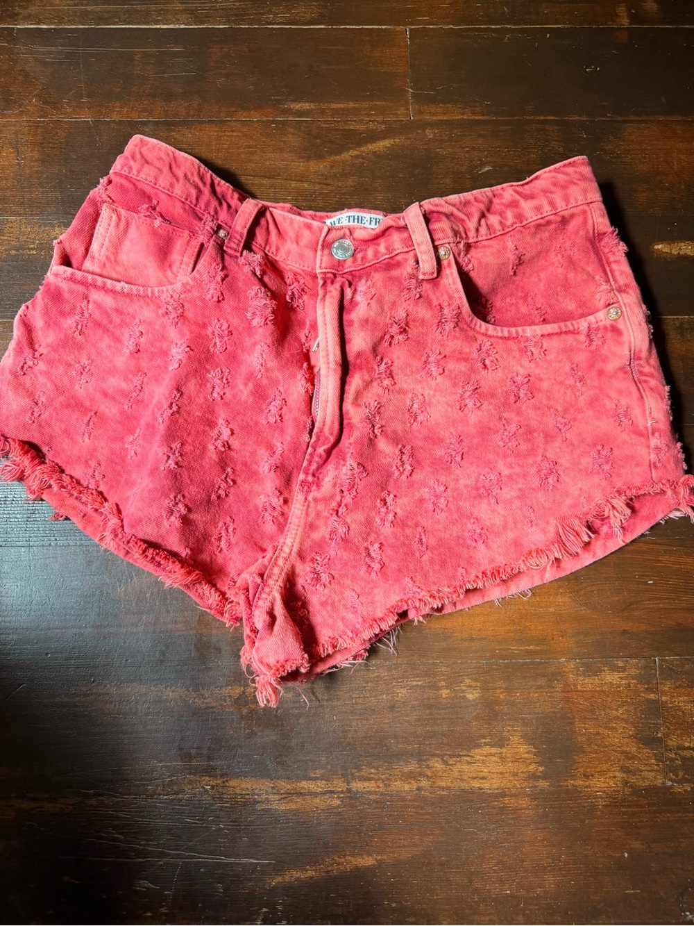 We The Free Coral Pink Distressed High-Rise Denim Shorts